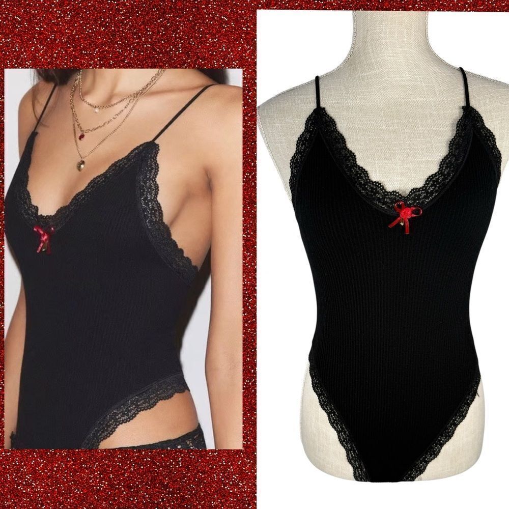 Urban Outfitters Black Lace Trim Bow Cami Strap Bodysuit
